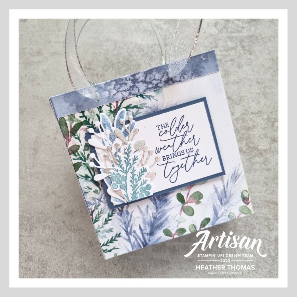 A cute Christmas gift bag made using the Winter Meadow DSP from Stampin' Up! with the sentiment 'the colder weather brings us together' and some blue and green leafy designs