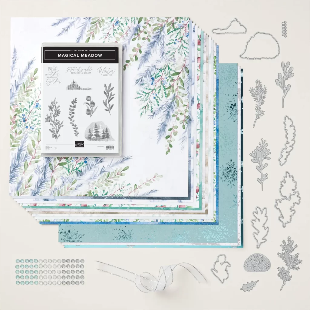 A picture of the Winter Meadow suite from Stampin' Up! with some blue and green leafy designs