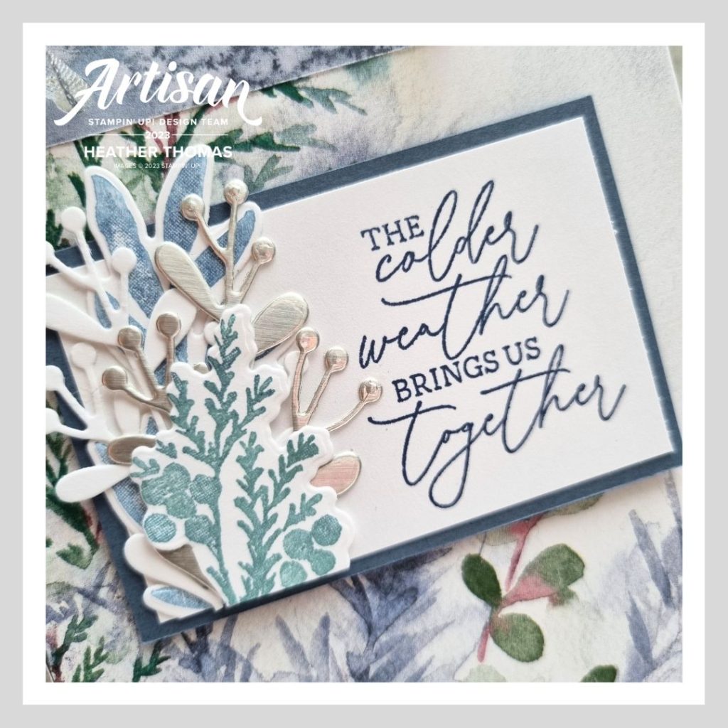 A cute Christmas gift bag made using the Winter Meadow DSP from Stampin' Up! with the sentiment 'the colder weather brings us together' and some blue and green leafy designs