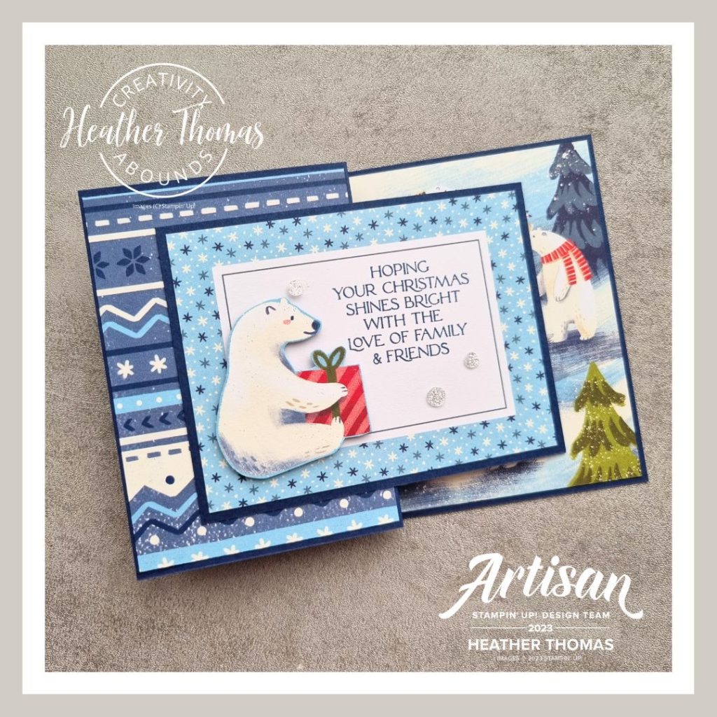 A Beary Christmas fun fold card using the memories and more cards from Stampin' Up! with a polar bear holding a present.