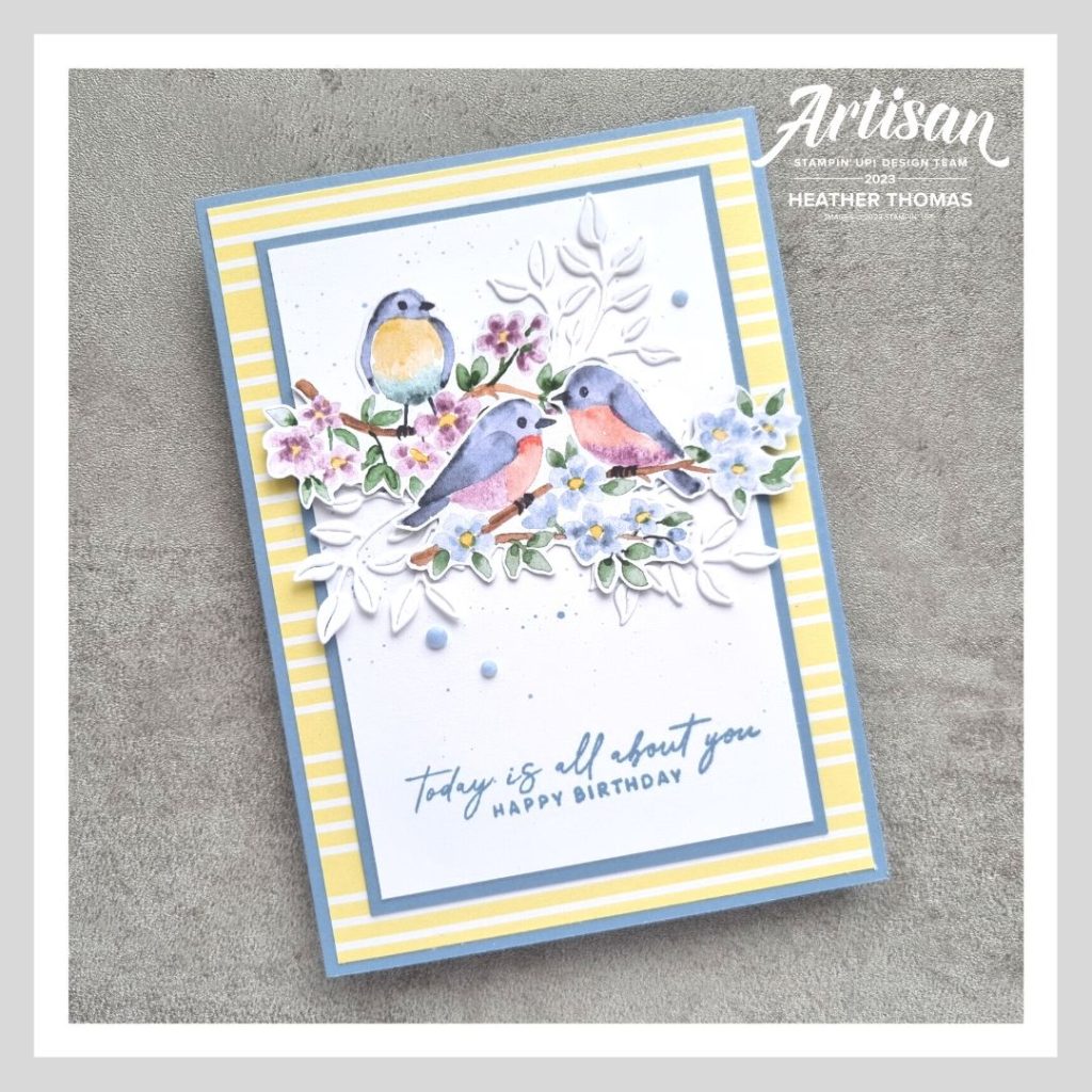 A handmade birthday card with birds and leaves using the Flight and Airy DSP from Stampin' Up!