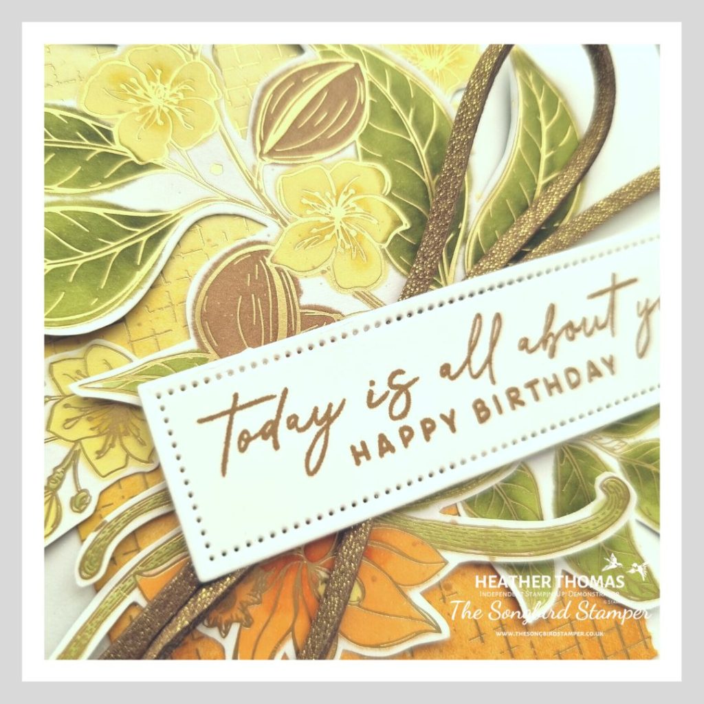 Autumn Inspired Notes of Nature card with greens, oranges and yellows, a large flowering plant image and the words ' today is all about you - Happy Birthday'