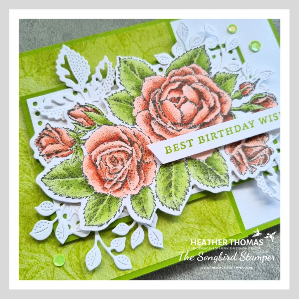 A handmade birthday card using the Stippled Roses set from Stampin' Up! with coloured flowers in Calypso Coral, Granny Apple Green and Parakeet Party