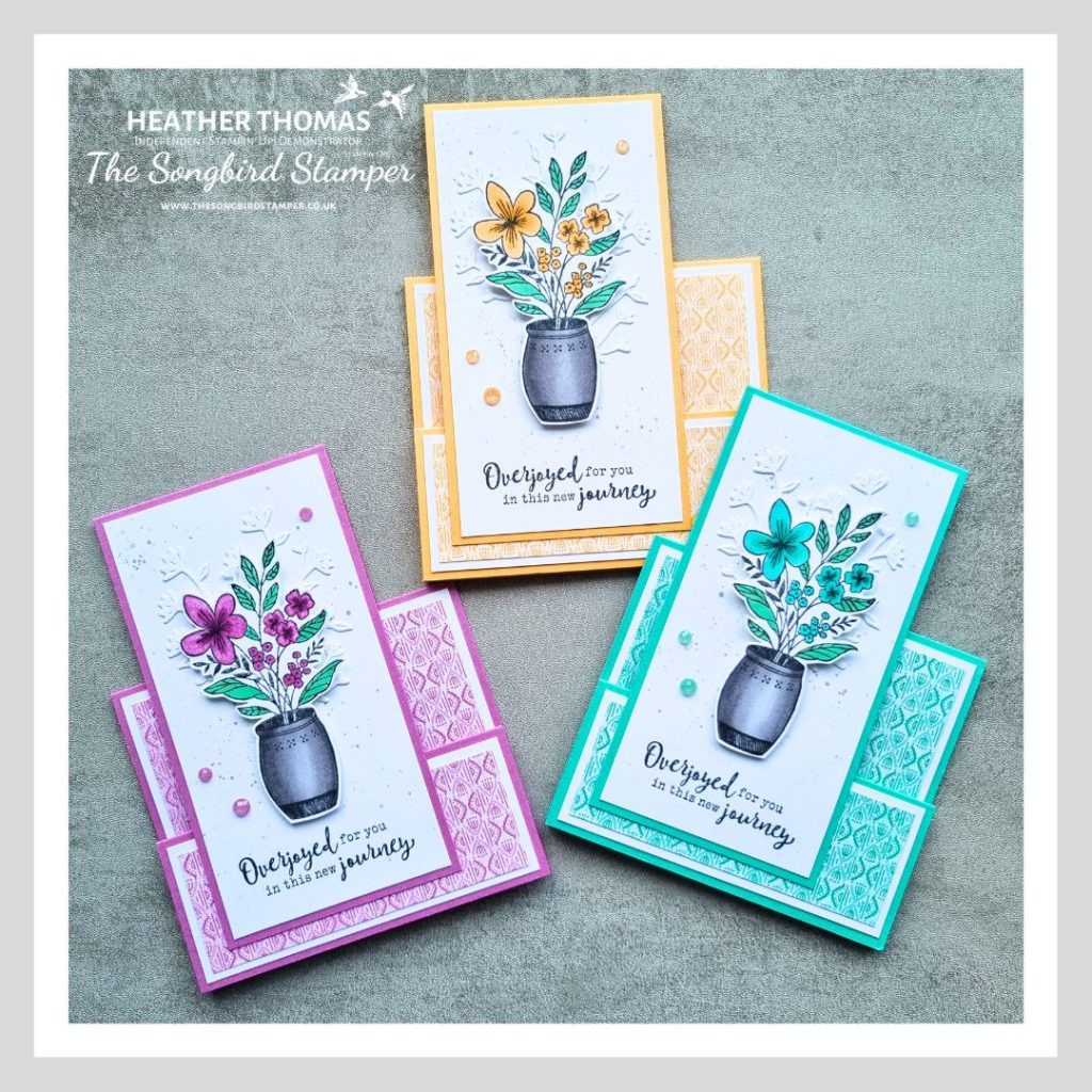 Three handmade faux stepper cards using all of the new 2024-2026 In Colors from Stampin' Up! with a vase full of flowers and the words 'overjoyed for you in this new journey'.