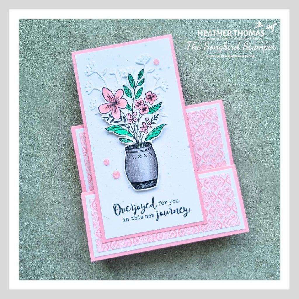 A handmade faux stepper card using the new 2024-2026 In Colors from Stampin' Up! with a vase full of flowers and the words 'overjoyed for you in this new journey'.