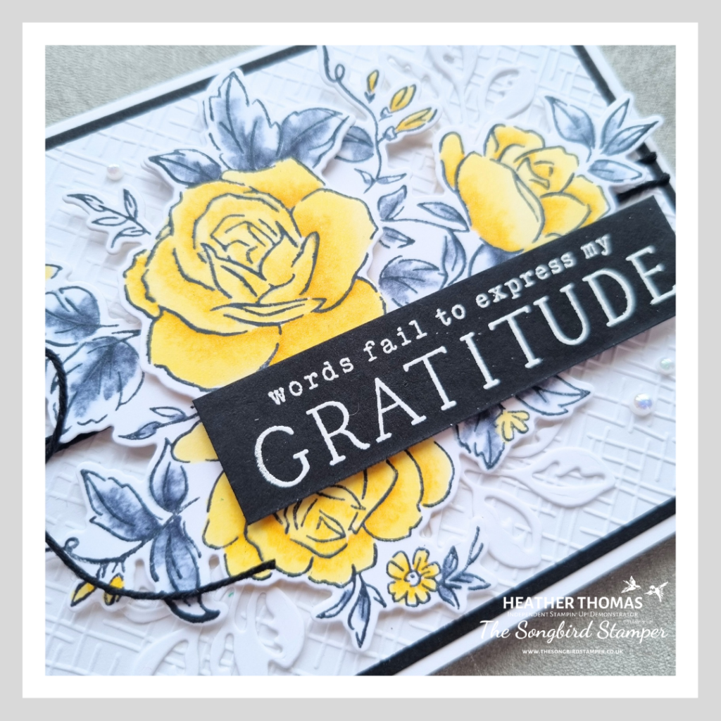 A handmade card using only three colours of the colour challenge, white, black and Daffodil Delight yellow, with flowers and leaves and the sentiment Words fail to express my gratitude